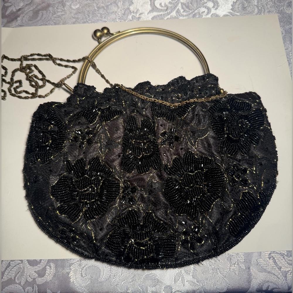 Vintage Black Beaded Evening Bag Floral Embroidery Glass Beads Brass Handle Boho
